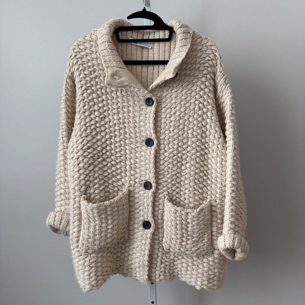 Zara sz L Cream Chunky Knit Alpaca Wool Button Cardigan Boho Cottage Lagenlook
